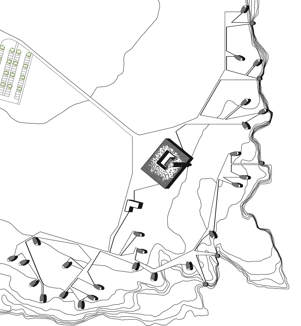 Plan de masse du projet d'aménagement du site de Porco di Murro Plan de masse du projet d'aménagement du site de Porco di Murro. Le lobby/ restaurant autour du phare existant a une position centrale et prédominante. Les cocons viennent s'organiser le long de la falaise afin que chaque module bénéficie d'une vue dégagée sur la mer.