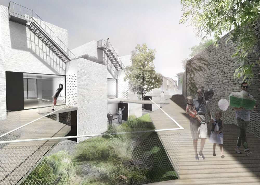 Vue des logements depuis la placette Les logements en RDC sont destinés à des personnes âgées qui accèdent à leurs logements depuis le jardin commun. Les maisons à l'étage sont accessibles par une placette surélevée. Les logements familiaux sont conçus comme des maisons de ville offrant de larges espaces extérieurs en terrasse.