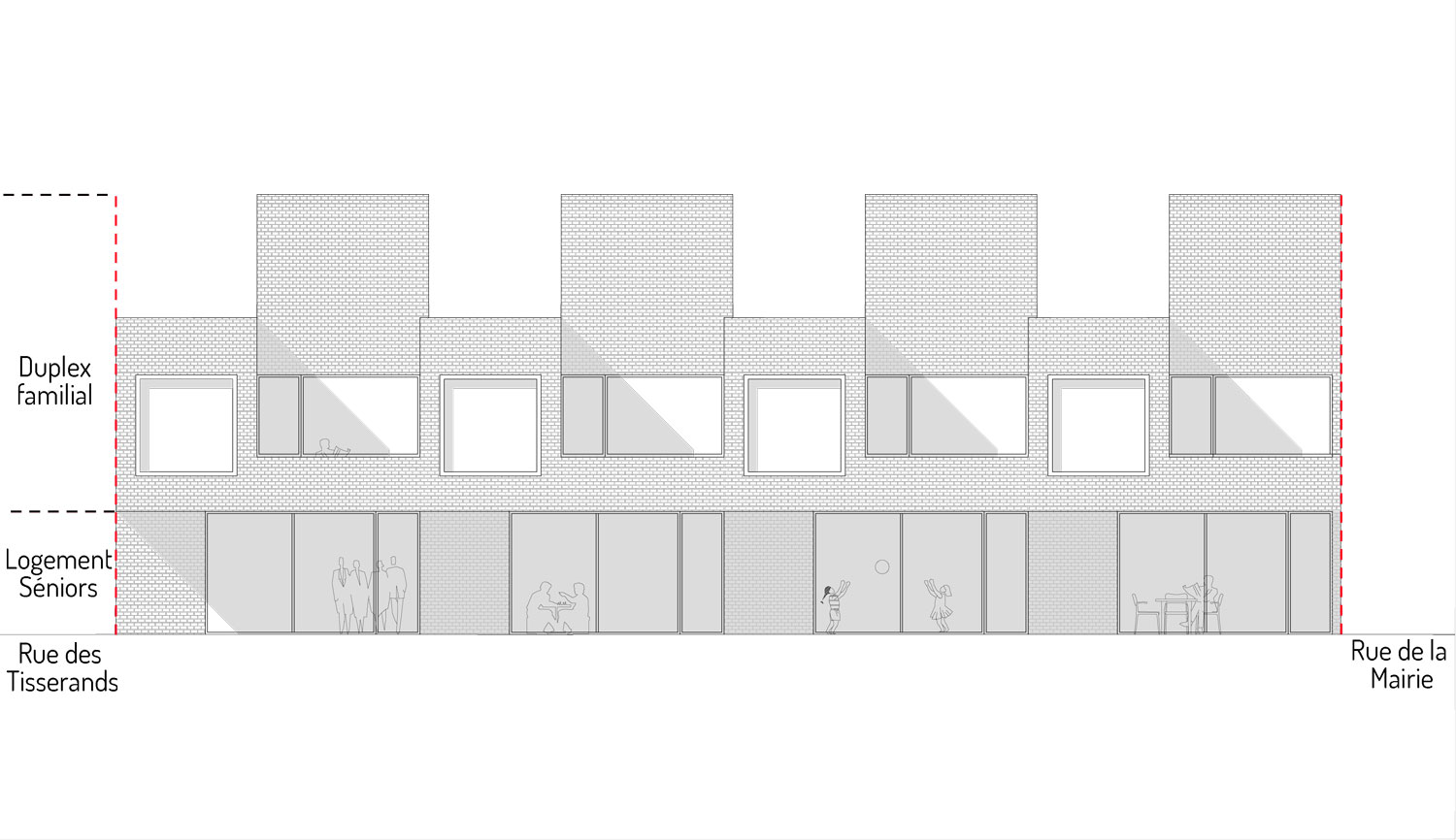 Façades des logements Les façades des logements sont habillées de briques blanches. La volumétrie générale est simple et épurée.