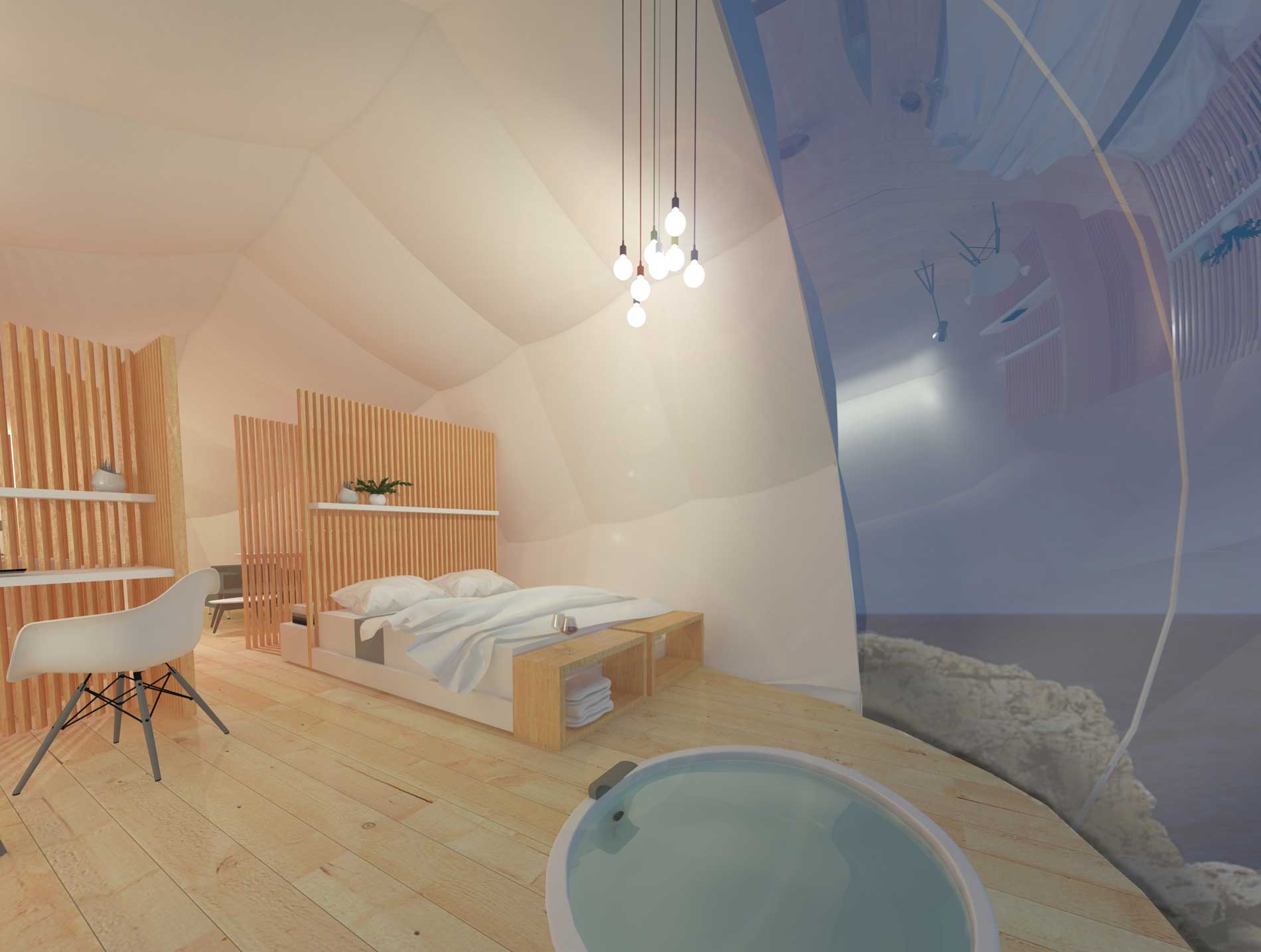 Vue intérieure du cocon Vue intérieure du cocon/ chambre avec son aménagement intérieur, une chambre d’hôtel dans un cocon habillé en kevlar pour assurer l’isolation thermique